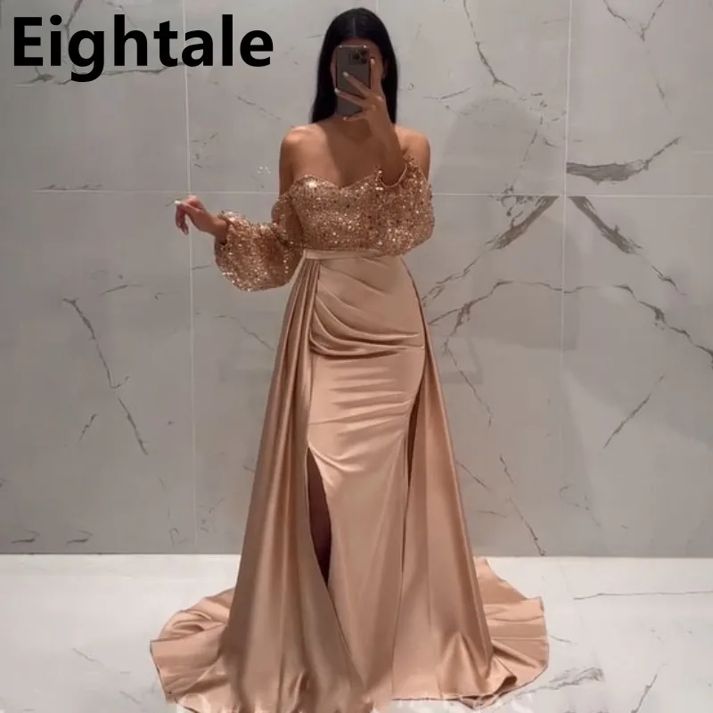 

Eightale 2024 Champagne Mermaid Evening Dresses For Wedding Party Sequined Puff Sleeve Formal Prom Dress Dubai Party Gown