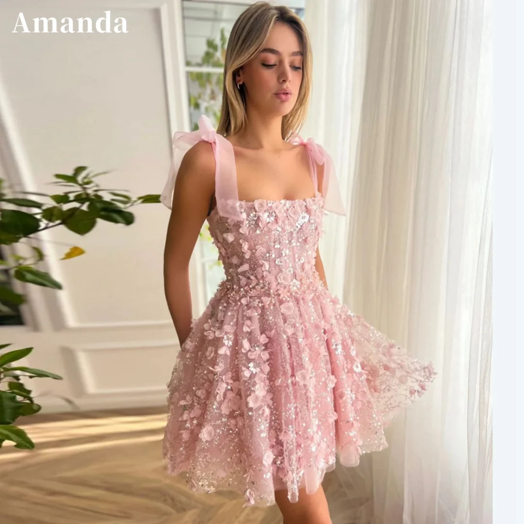 

Amanda Princess Mini Prom Dresses 3D Flower Lace Embroidery Tulle Evening Dress Baby Pink Short Vestidos De Fiesta