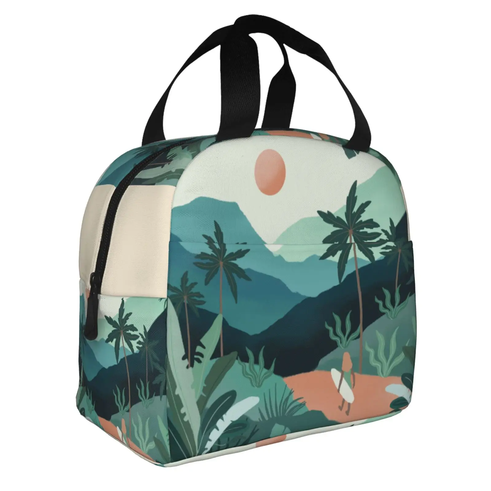 Hawaiian Tropical Landscape Pattern Lunch Box Bag Waterproof Insulated Cooler Handbag For Women Travel Camping Food Carrier