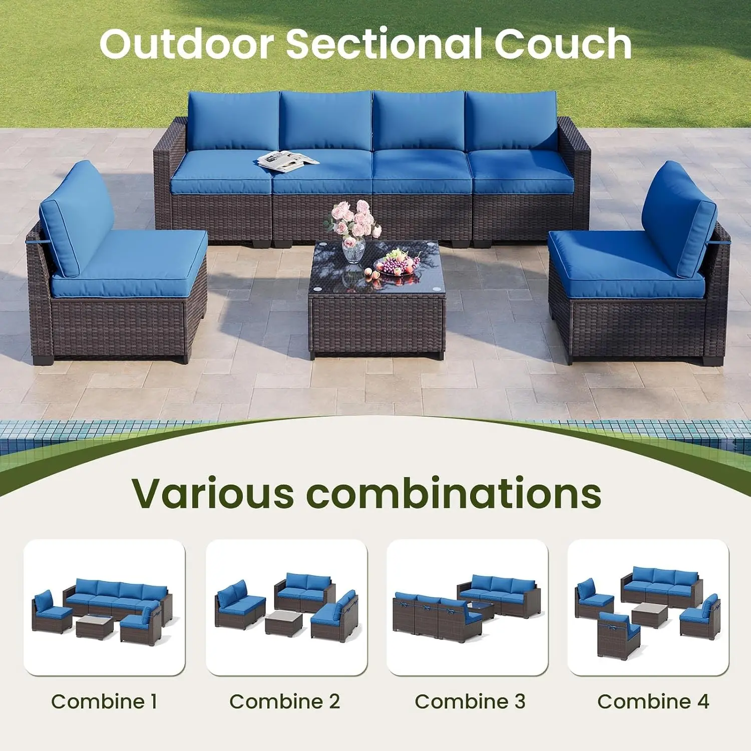 7 Pieces Outdoor Patio Furniture Set, Outdoor Sectional Furniture Set, All-Weather PE Rattan Wicker Sofa with Cushions, Custom