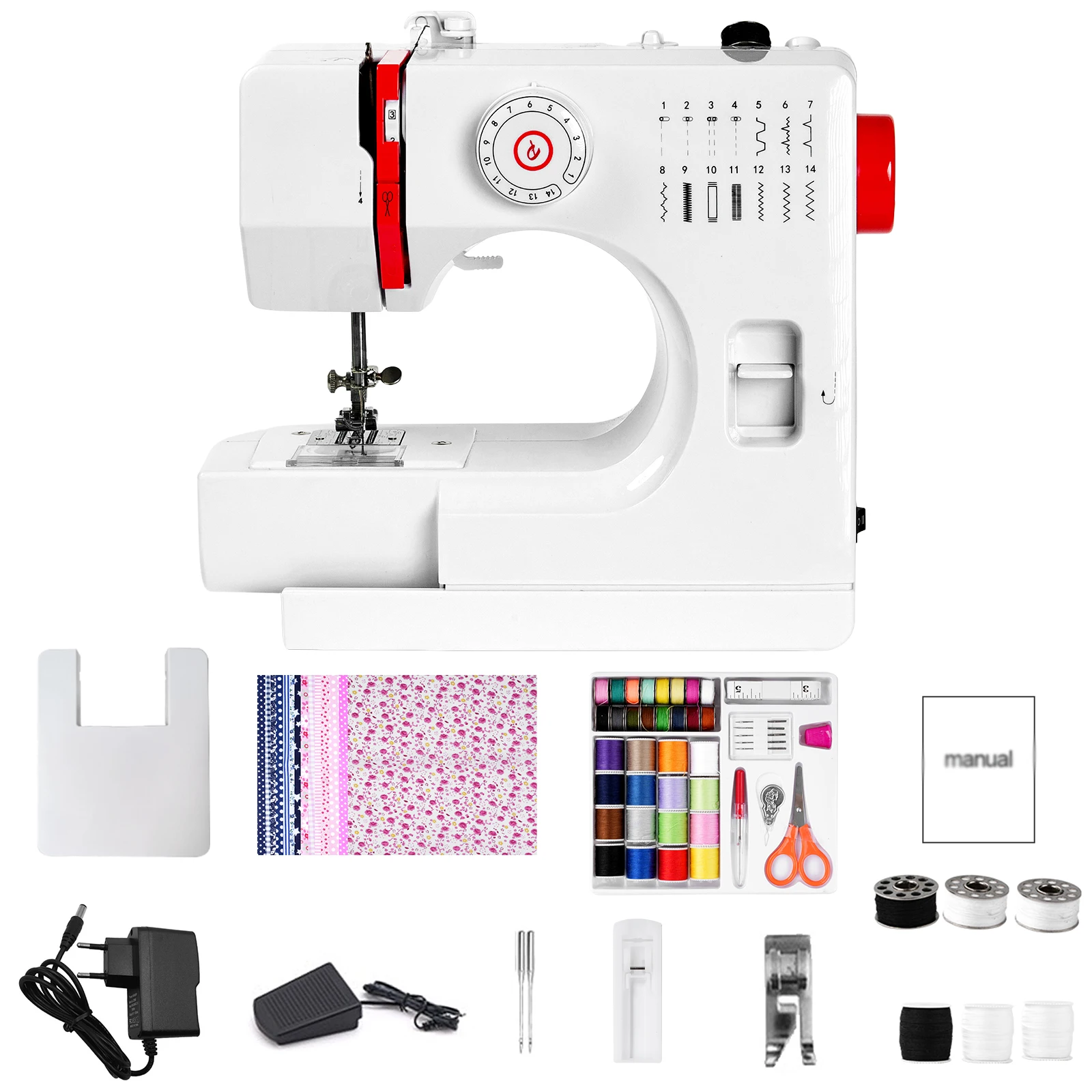 Für DIY 728 Mini Elektrische Nähmaschine mit 14 Stichen, mit Verlängerungstisch, Baumwollstoff und Nähset, lange Lebensdauer, EU-Version