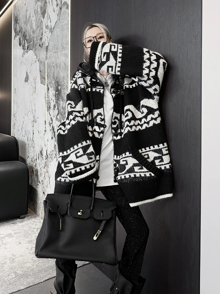 

Женский вязаный свитер 2025: Новинка осенне-зимнего сезона, свободный кардиган с капюшоном, вышивкой и молнией в стиле ретро