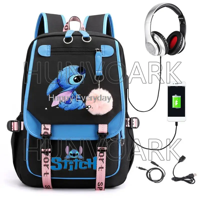 cartoon Lilo And Stitch School Bags Waterproof USB Casual Travel Backpack Women Capacity Travel Laptop Mochilas School