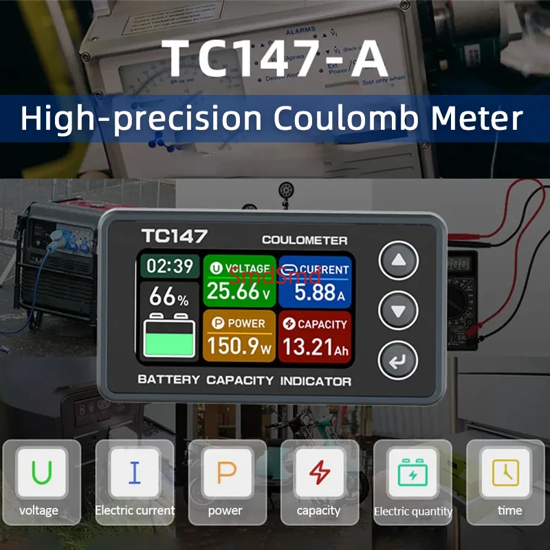 TC147 High-precision Color Screen Coulomb Meter, 30A/75A Battery Voltage and Current Meter, Lithium Battery Power Display Meter