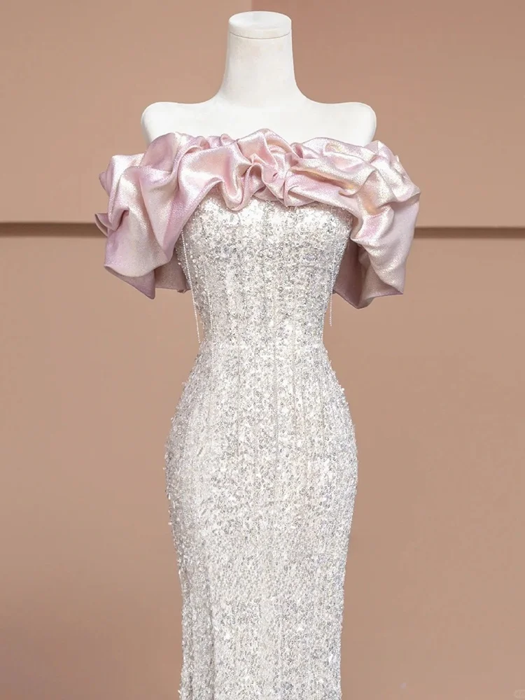 

Bride's One-oulder Sequin Evening Gown Fi-Tail Sle Wedding Dr Cusizable Formal Ball Gown Ele Sweetheart