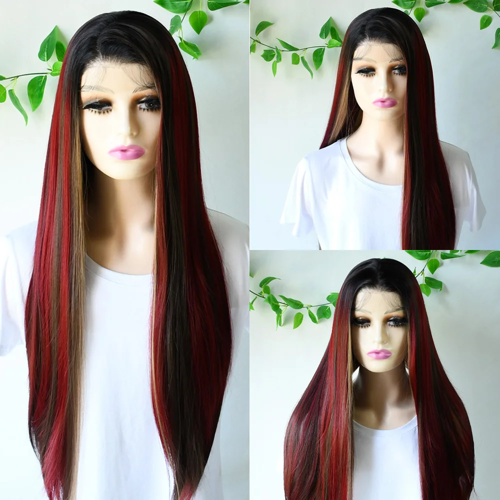 30 Inch Black Blonde Red Wig Highlight 13x4 HD Transparent Bone Straight Lace Front Wig Synthetic Lace Front Wig Cosplay