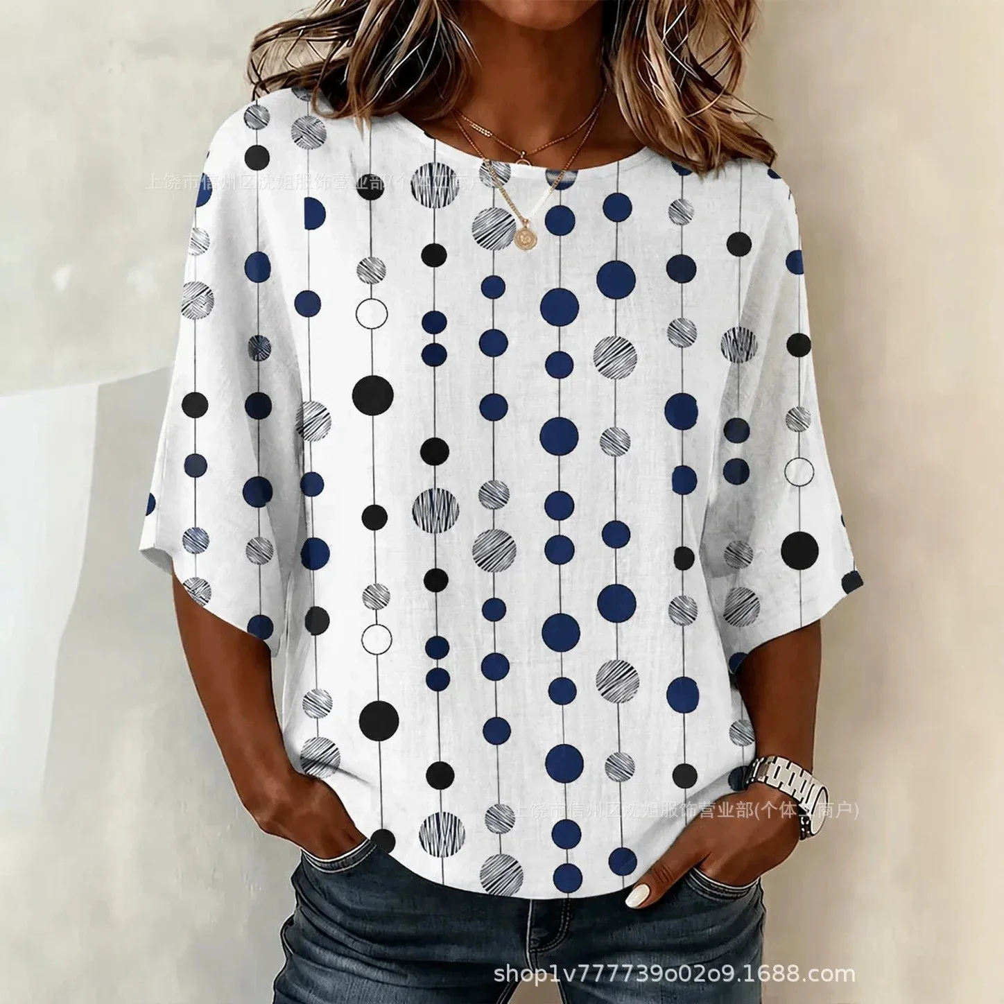 Printed Round Neck Top Loose Fit Elegant Style with Mid Length Sleeve T Shirts Fresh Sweet Style Summer 3D Print Women T Shirt