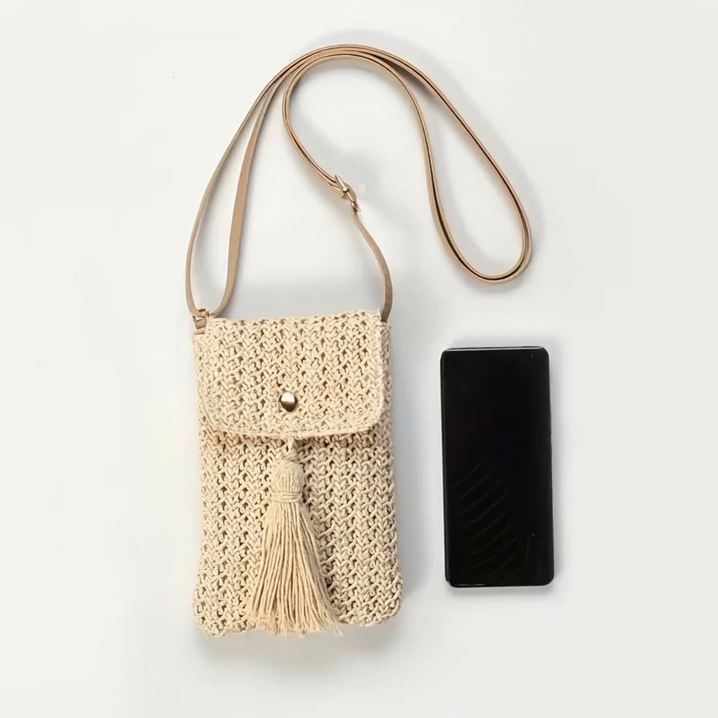 Straw Crossbody Bag Women Mini Woven Shoulder Phone Purse Tassel Boho Summer Beach Holiday Bag Small Messenger Pouch Casual view 5