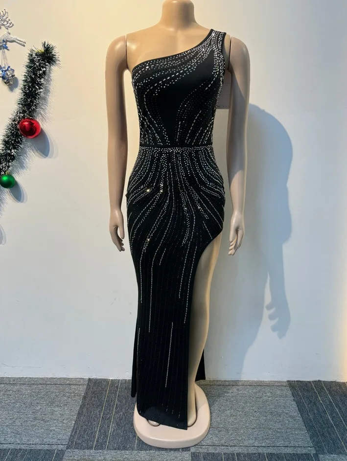 เซ็กซี่ไนท์คลับปาร์ตี้คลับจัดเลี้ยงพรหม Hot Rhinestone แขนกุดไหล่เอียงแยกสะโพกยืดชุด