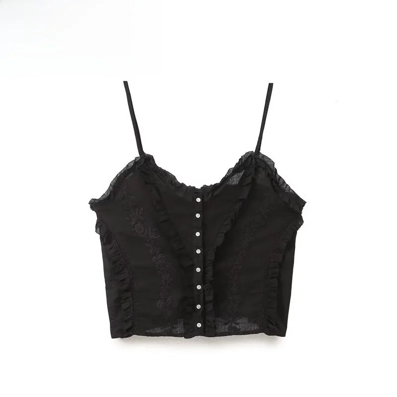 Fashionable Embroidered Cotton Gauze Top Women's Elegant Style Short Length Single Button Closure Polyester Fiber Vest