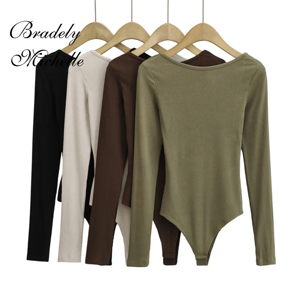 Women\'s Sexy Clothing Long-sleeve Solid Color Pullover One-Line Neck Backless Bodysuit Knitted Jumpsuit Top