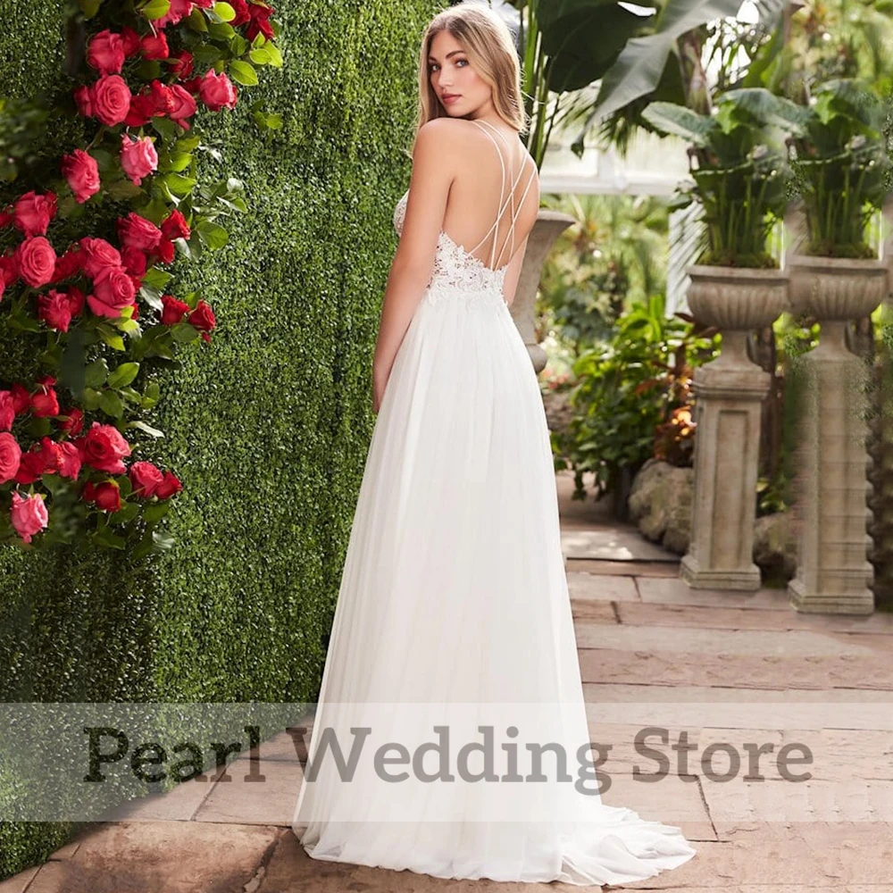 Classic V-Neck  Spaghetti Straps Wedding Dress Sleeveless Illusion Applique Chiffon Sexy Backless Bridal Zipper A-Line Gowns