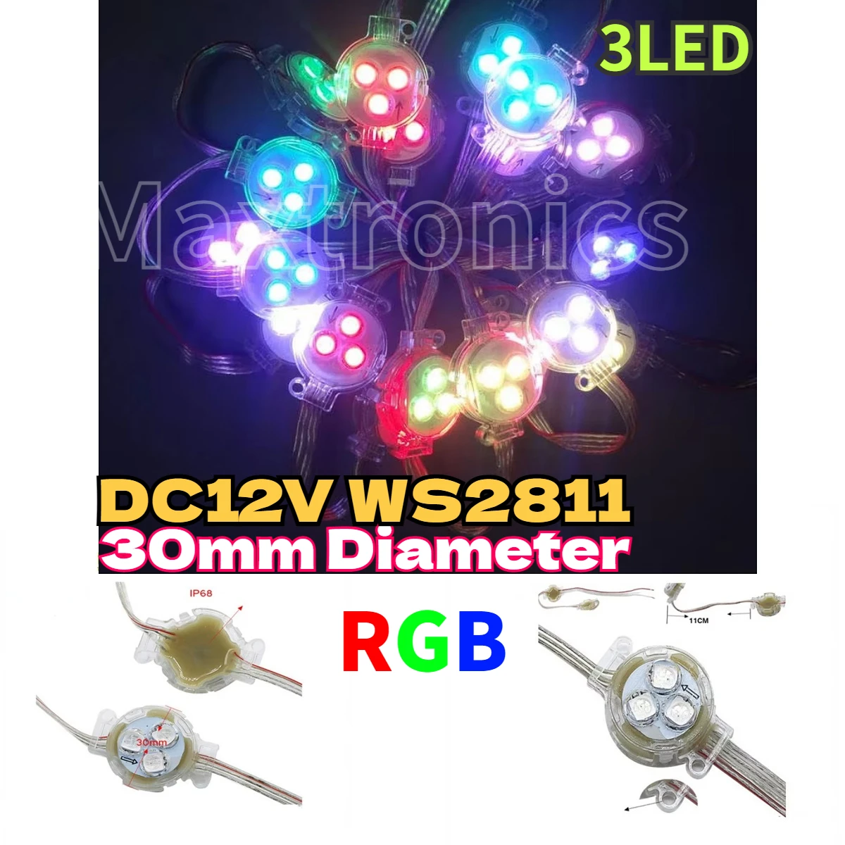 

НОВЫЕ светодиодные модули DC12V WS2811, 3 светодиода, 30 мм, полноцветные, наружные, IP68, водонепроницаемые, для украшения рекламных вывесок, светодиодные пиксельные световые строки