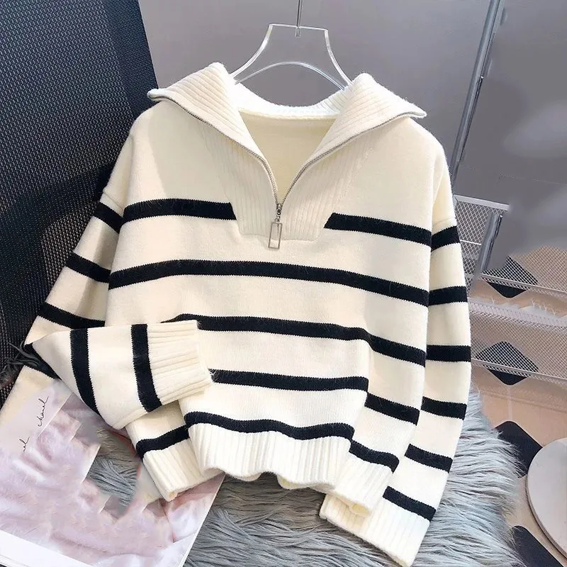 

Advanced sense Women Loose Fit Pullover Sweaters Korean New Ladies Stripe Knitwear Autumn Winter Female Long Sleeved Knitting