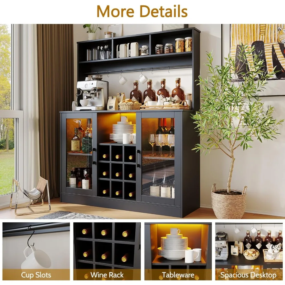 와인 바 캐비닛, LED 조명이 있는 와인 캐비닛, 수납 공간이 있는 주류 캐비닛, 전원 소켓, 조절 가능한 선반, 모던 홈 와인