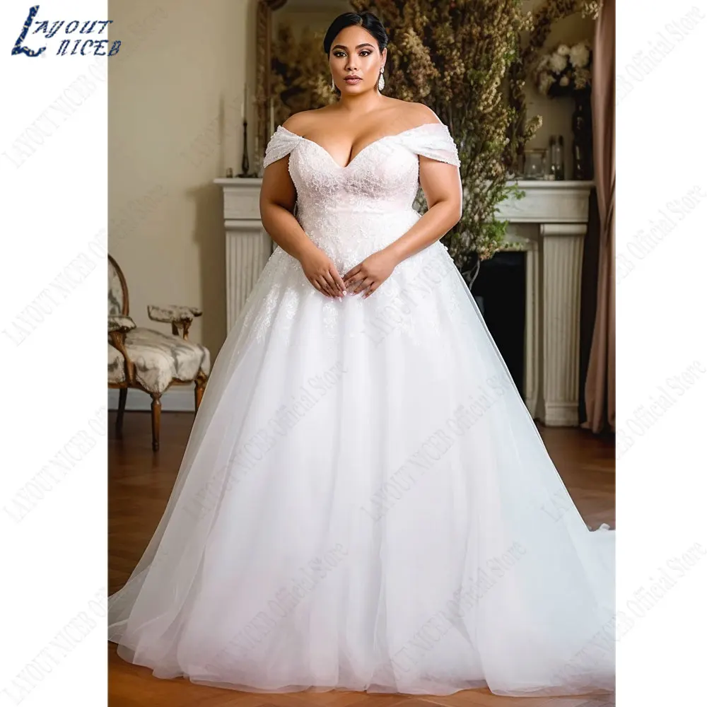 LAYOUT NICEB Off Shoulder V-Neck Wedding Dresses Short Sleeves Lace Appliques Bride Gown A-Line Custom Made robes de mariée 2024