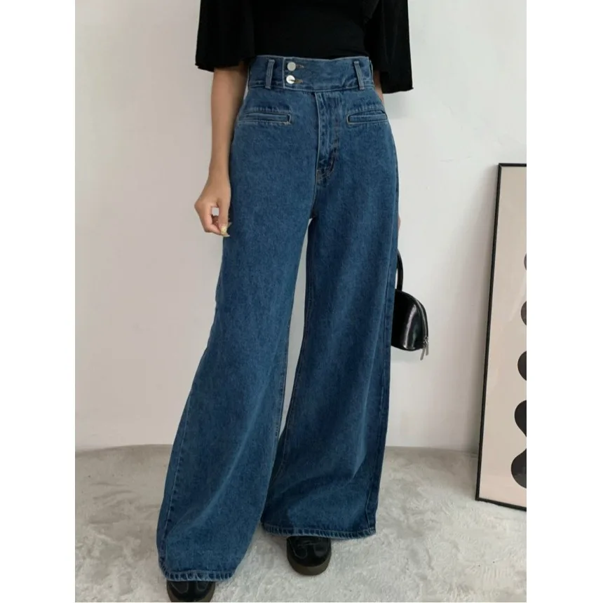 

High Waist Wide Leg Denim Jeans Two Buttons Black Retro Style Women's Casual Pants Loose Fit Cotton Material Spring 2026