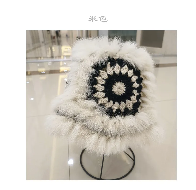 China-Chic Eimerhüte für Damen, Winter, warm, niedlich, Plüschmütze, großer Kopf, lässig, echte Kaninchenfellmütze, 2023, gestrickte Fischermütze – Detail 8