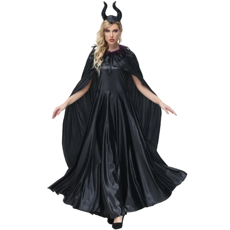 Evil Queen Cosplay Black Long Witch Dress for Adult Women Maleficent Christening Gown Costume with Horns Halloween Party Cosplay