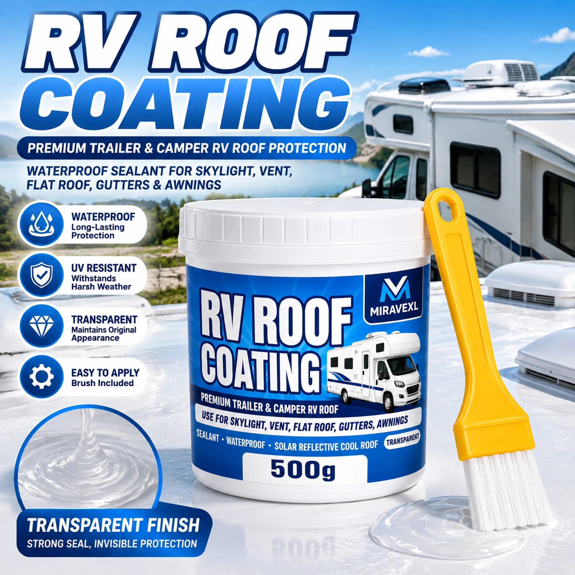 Transparent RV Roof Coating Waterproof Sealant 500g, Leak Repair for Camper Trailer, Skylight, Vent, Flat Roof, Brush Included