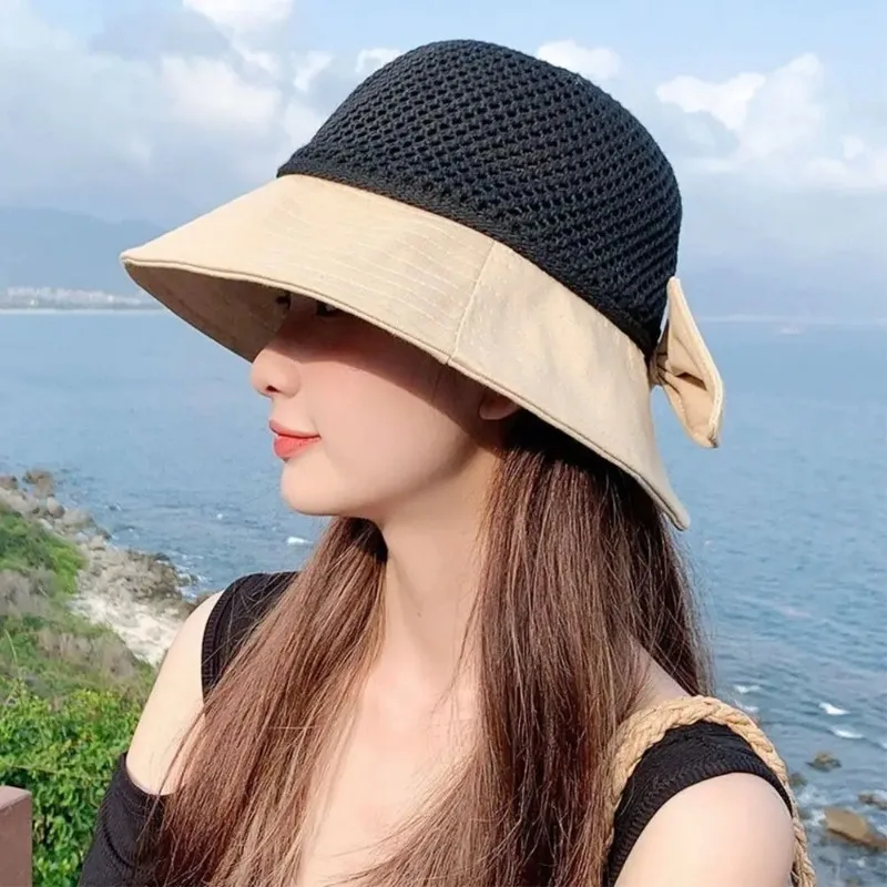 

Soft Summer Women UV Protection Sun Hats Foldable Wide Brim Outdoor Beach Bucket Hat Panama Cap Ponytail Cap