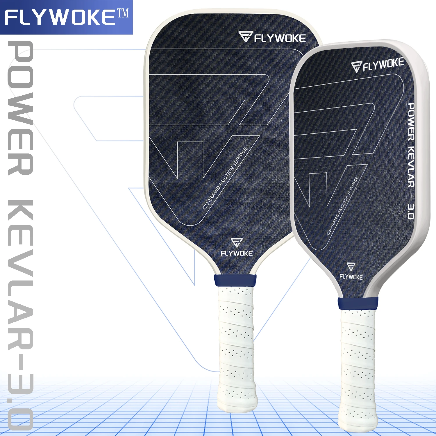 raquette-de-pickleball-flywoke-noire-et-bleue-rayee-en-fibre-de-carbone-kevlar-3k-avec-finition-mate-en-tissu-haute-friction-meilleur-controle