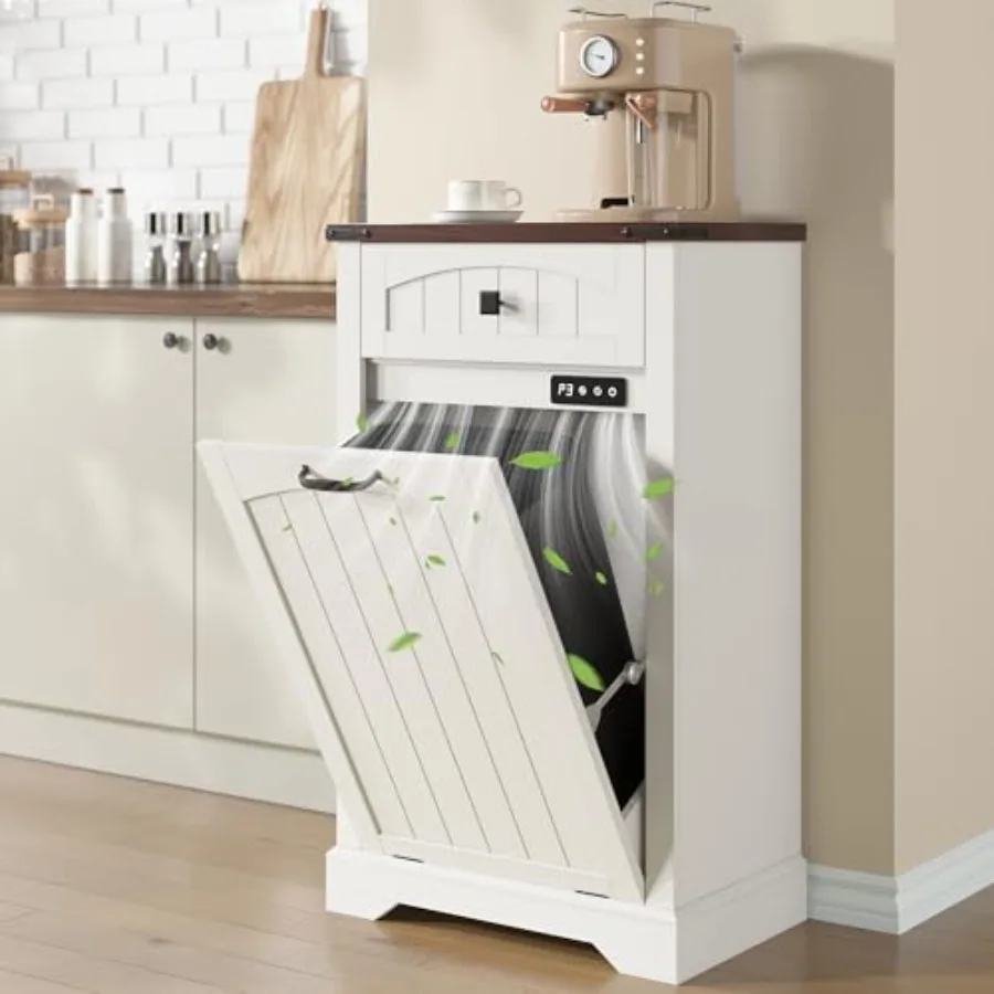 

Белый мусорный бак на 10 галлонов с откидной крышкой, выдвижным ящиком и функцией дезодорации с отрицательными ионами для кухни и прачечной, деревянный