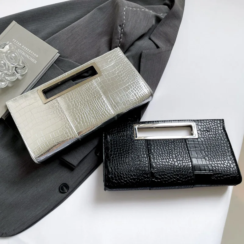 Damen Krokodilleder-Abendclutch mit Metallgriff Reise-Clutch Handtasche für den Täglichen Gebrauch