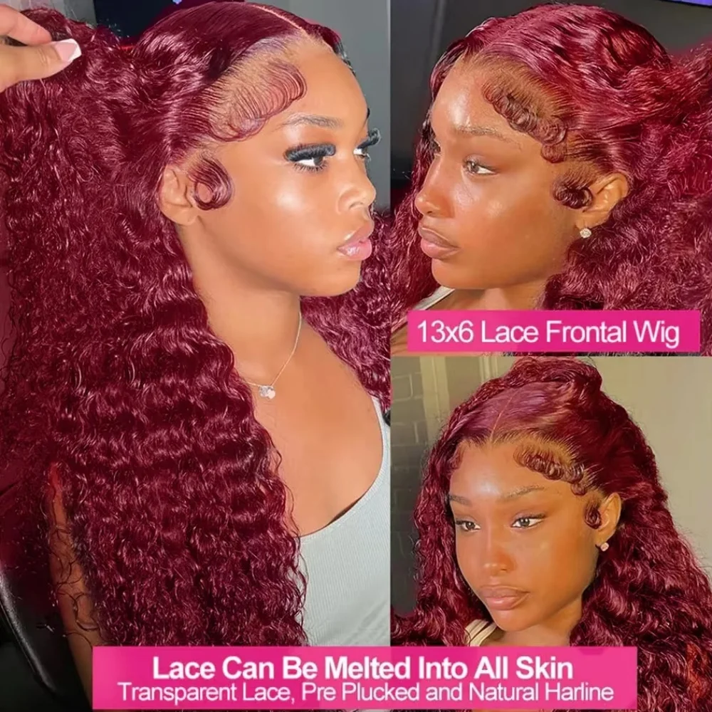 Deep Wave Frontal Wig Red Curly Wigs 99J Burgundy 13X6 Hd Lace Frontal Human Hair Wig Colored 13X4 Red Lace Front Human Hair Wig image 4