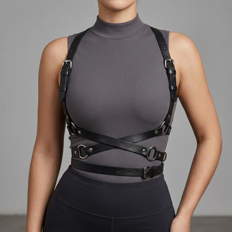 Double Buckle Waist Black Leather Harness Belt Adjustable Shoulder Straps Body Suspenders Gothic Chest Band Fashion Accent