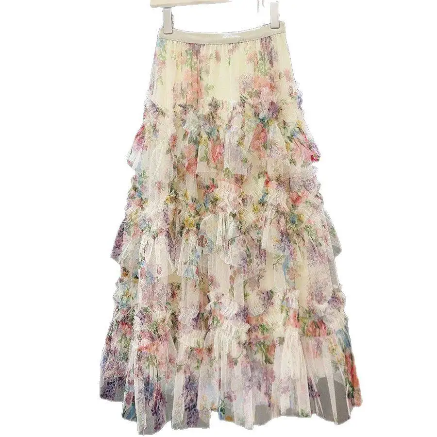 플로럴 프린트 레이어드 튤 스커트 여성용 신상 슬레 퍼피 롱 스커트 케이크 스커트 헤비 자수 메쉬 스커트