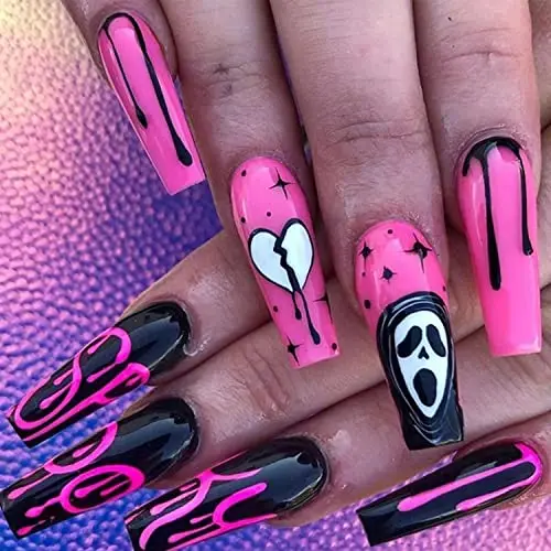 

24 Pcs Halloween Gothic Ghost Fake Nails with Glue Designs Coffin Pink Square False Nails for Women Girls DIY Nail Decorations