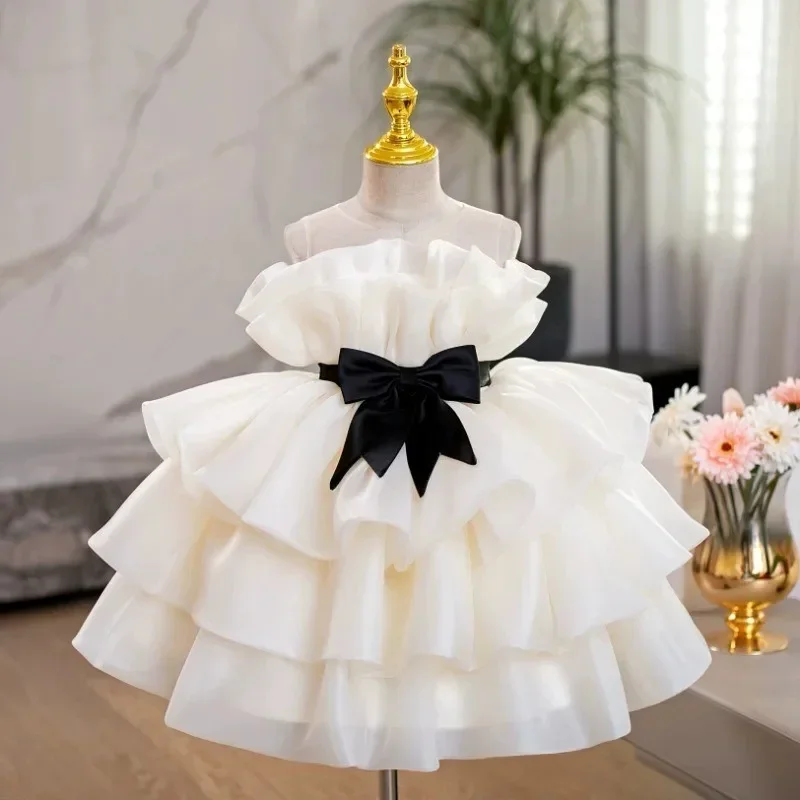 

White Flower Girl Dresses For Wedding Sleeveless With Bow Little Girl Party Celebration First Communion Banquet Gown Customized