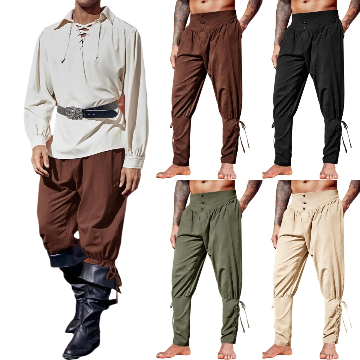 Mens Medieval Ankle Pants Renaissance Viking Pirate Lace Up Tapered Halloween Linen Costume Trousers