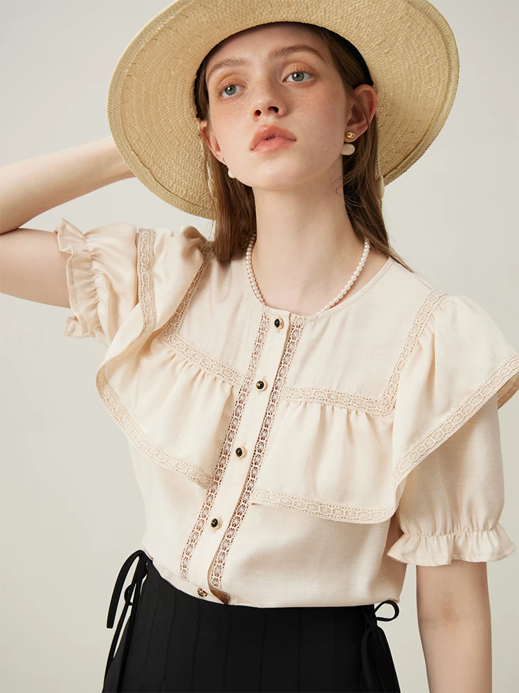 FSLE Exquisite Commuting Ruffle Slim Women Shirt 2024 Summer New Design Lace Hollow Versatile Elegant Female Top 24FS12251