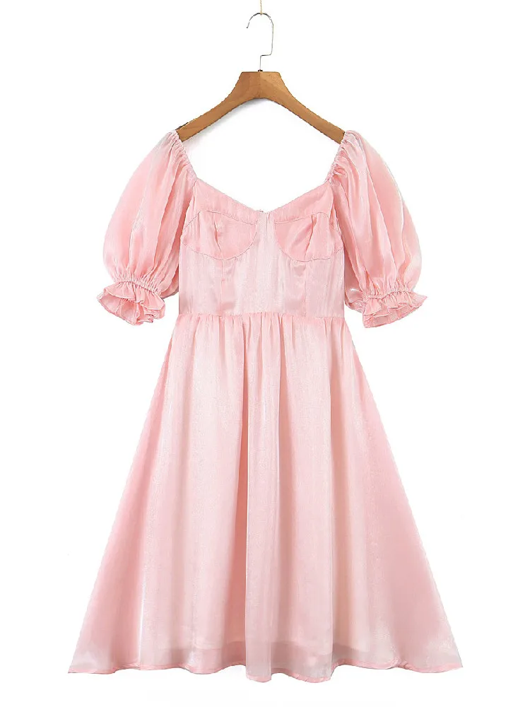 Women Swing Midi Robe Fairy Cake Vestidos Sweet Summer Pink Bright Organza Ball Gown Dress Square Collar Puff Sleeve Retro