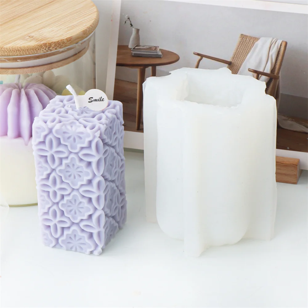 Creative Flower Pillar Candle Silicone Mould Square Carved Flores Pillar Candle Molds For Epoxy Resin Casting Plaster Mold