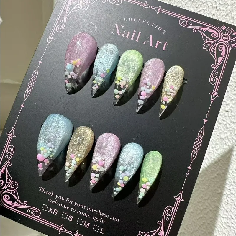 10PCS Handmade Short Cat Claws Press On Nails Long Dragon Shape Claw Acrylic False Nail Stickers Rhinestone Fake Nail With Glue