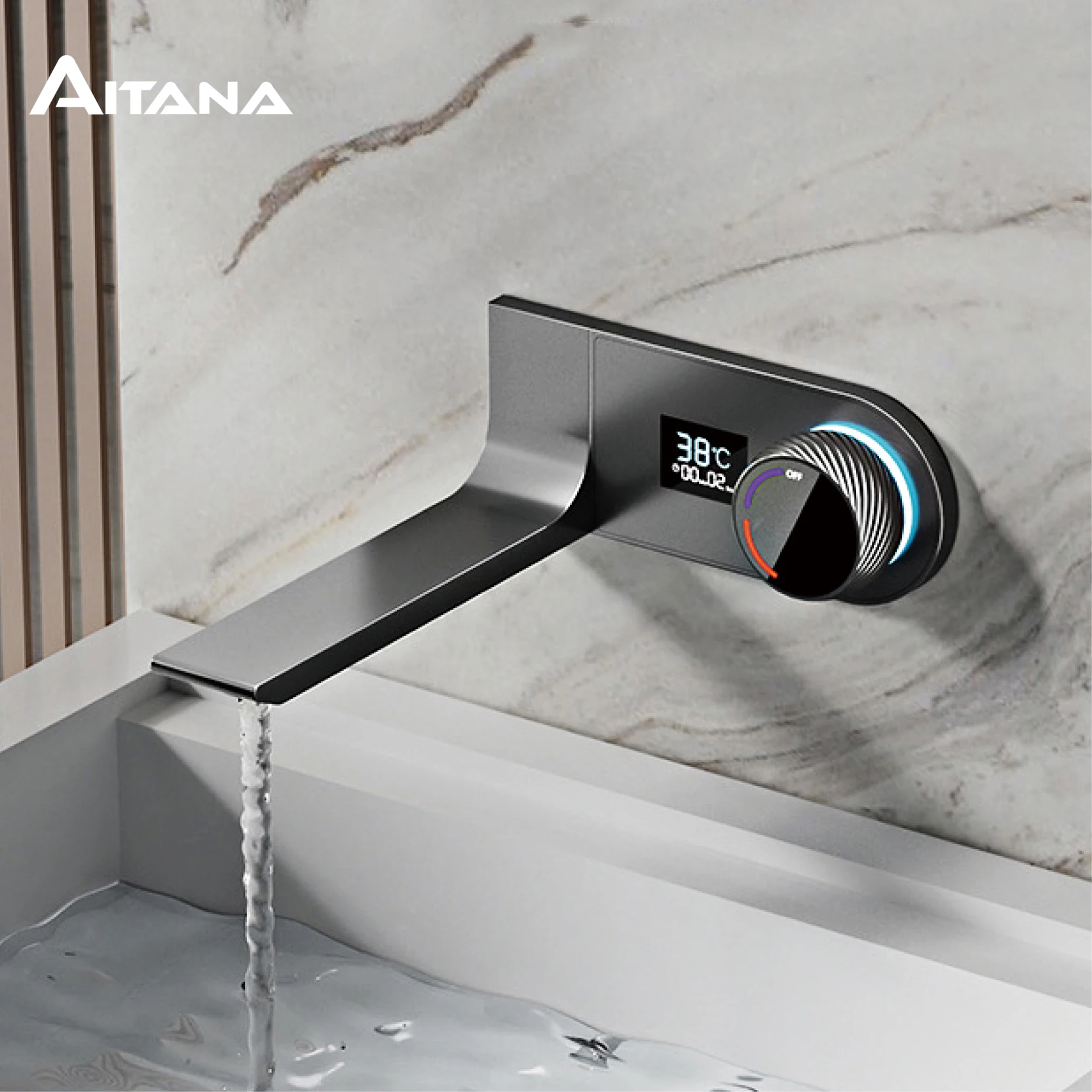 

AITANA Luxury Brass Black Bathroom Faucet LED Light Digital Display Design with Cold and Hot Dual Control Wall Mounted Basin Tap