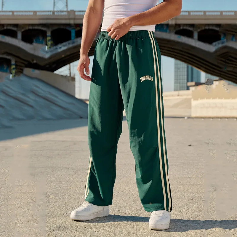 Erkek sweatpants çift şerit patchwork baskılı slacks spor fitness orta yükselişi düz pantolon erkek arkadaşı pantolon giymek