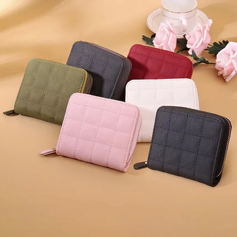 

Модные короткие кошельки для женщин, женские клетчатые тонкие кошельки из искусственной кожи, держатель для карт, однотонные мини-кошельки на молнии для мелочей