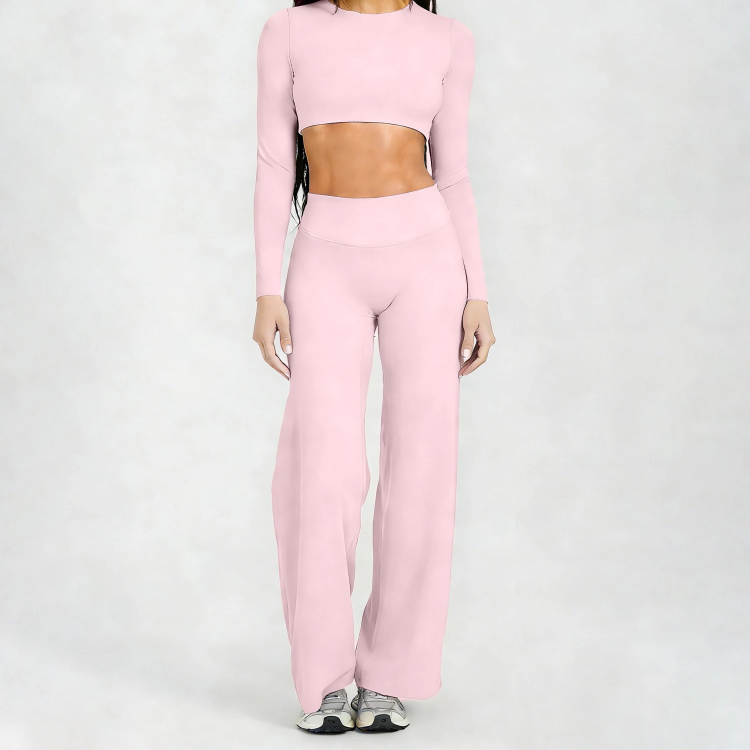 Running Sportswear Women 2 Piece Set Short Cropped Long Sleeve Top Straight Leg Yoga Pants Breathable Quick Dry Gym Suit