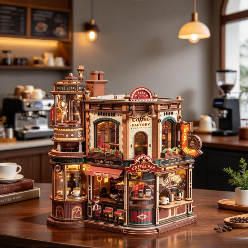 Coffee Factory Music Box Kit, Adult 3D Assembly Puzzle with Colorful Screen-Printed Parts, Interlocking Joint Construction