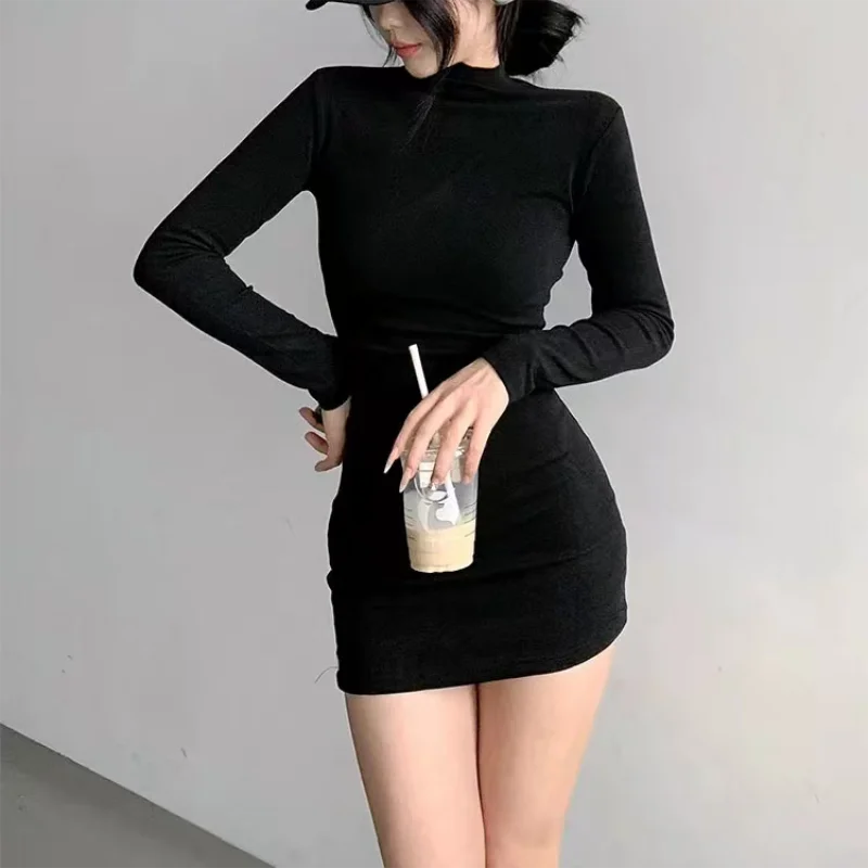 Fashion New Solid Half High Collar Dresses Autumn Winter Women Long Sleeves Sexy Bodycon Mini Dress Club Elegant Party Dresses