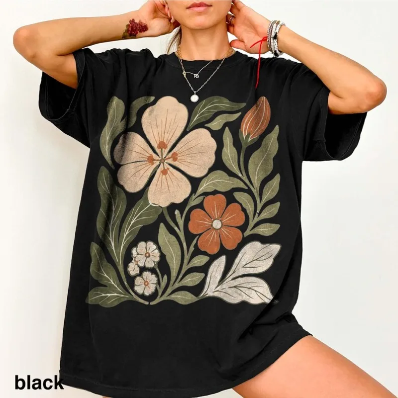Retro Plant Flower Pattern T-shirt Retro Garden Flower Shirt Classic Wildflower Natural Art Top Plant Gift T-shirt