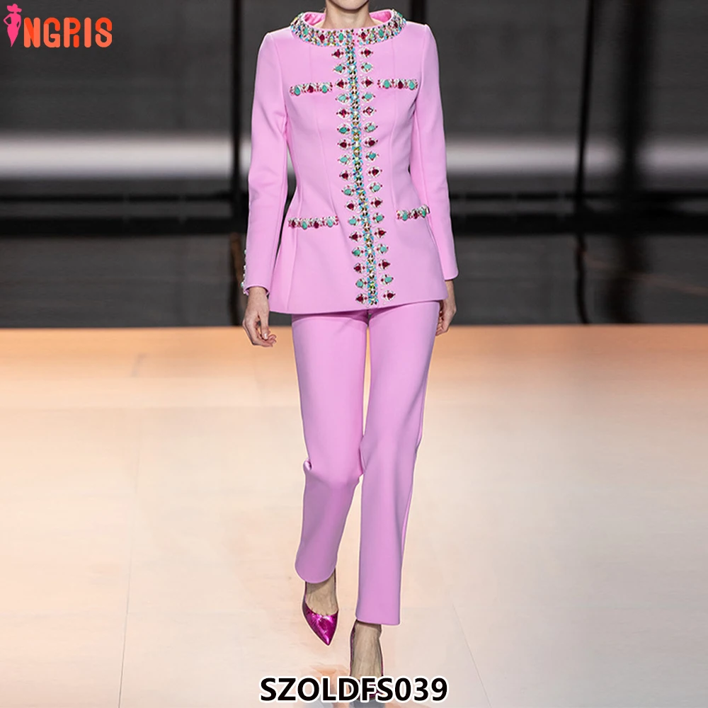 

2025 Spring New High Quality Fashion Heavy Beaded Diamond Jacket Skinny Pants Set Two Sets-SZOLDFS039