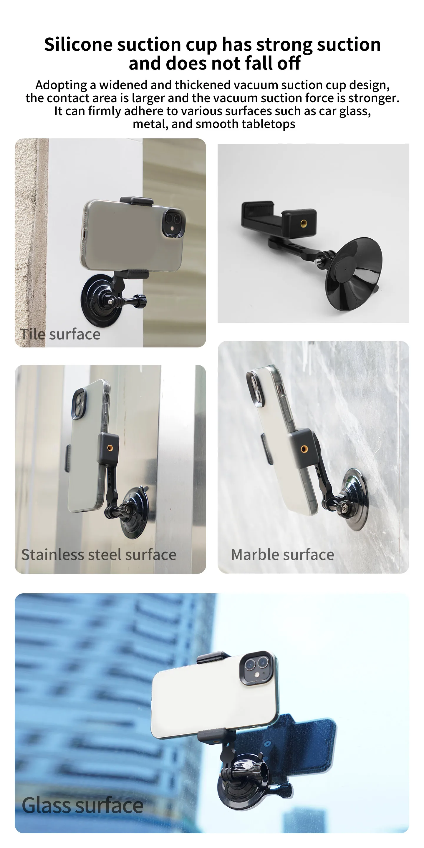 Langlebige Silikon-Aluminium-Saugnapfhalterung mit Cold Shoe Handyhalterung für GoPro DJI Action-Kamera – Schnelle Installation, wiederverwendbare Basis – Detail 7
