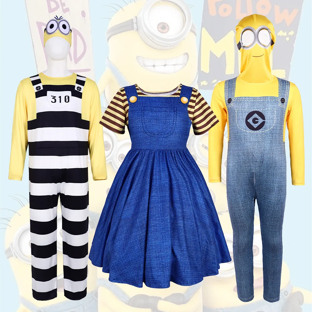 

Cartoon Movies Despicable Me Cosplay Costume Little Yellow Man Prison Uniform Jumpsuits Girls Dress Boy Halloween Party Costumes