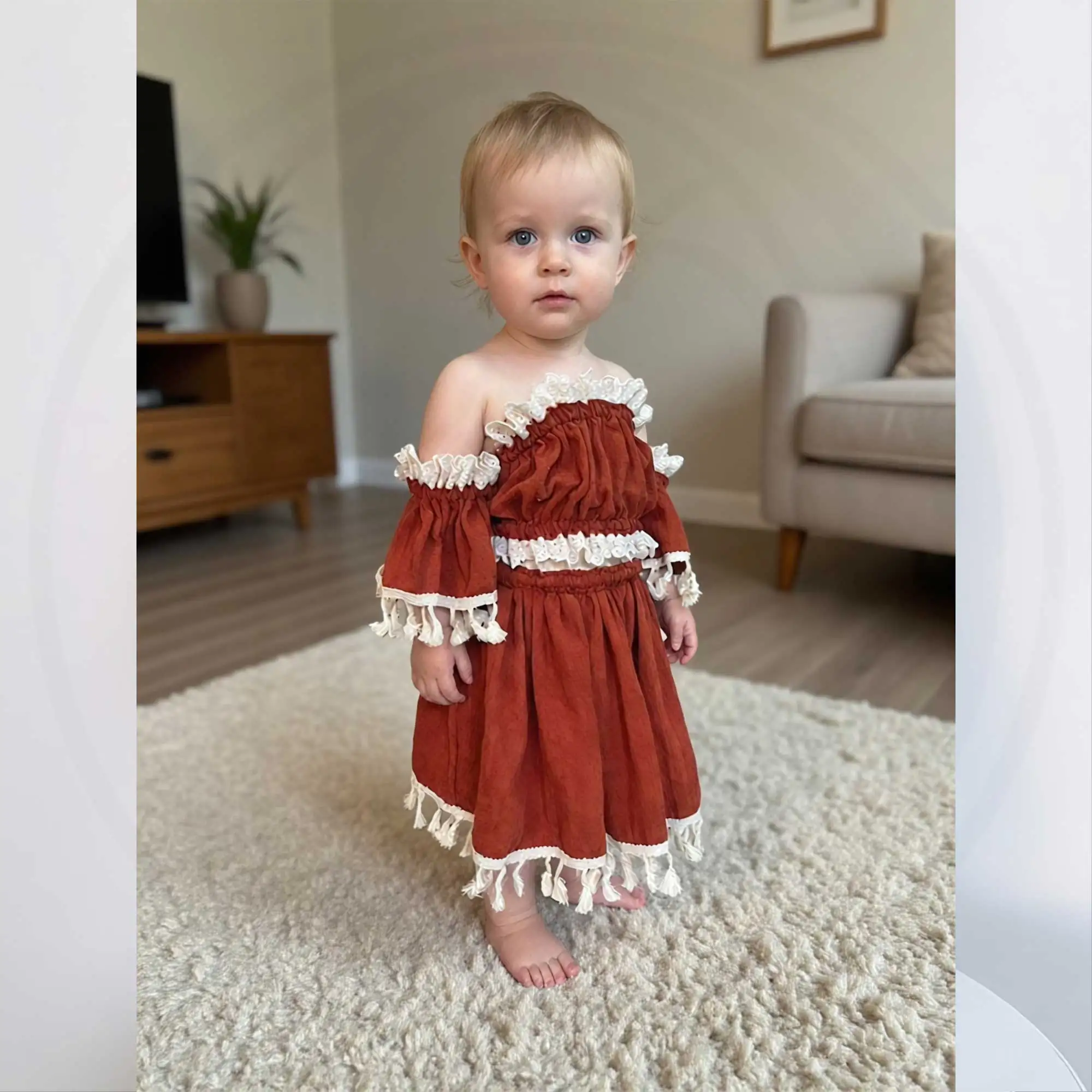 Don&Judy Boho-Stil-Kleid für Mädchen, zweiteiliges Set, Rock, Baumwolle, Spitzenbesatz, Stoff für Mädchen, 3–6 Jahre, Fotorock – Detail 2