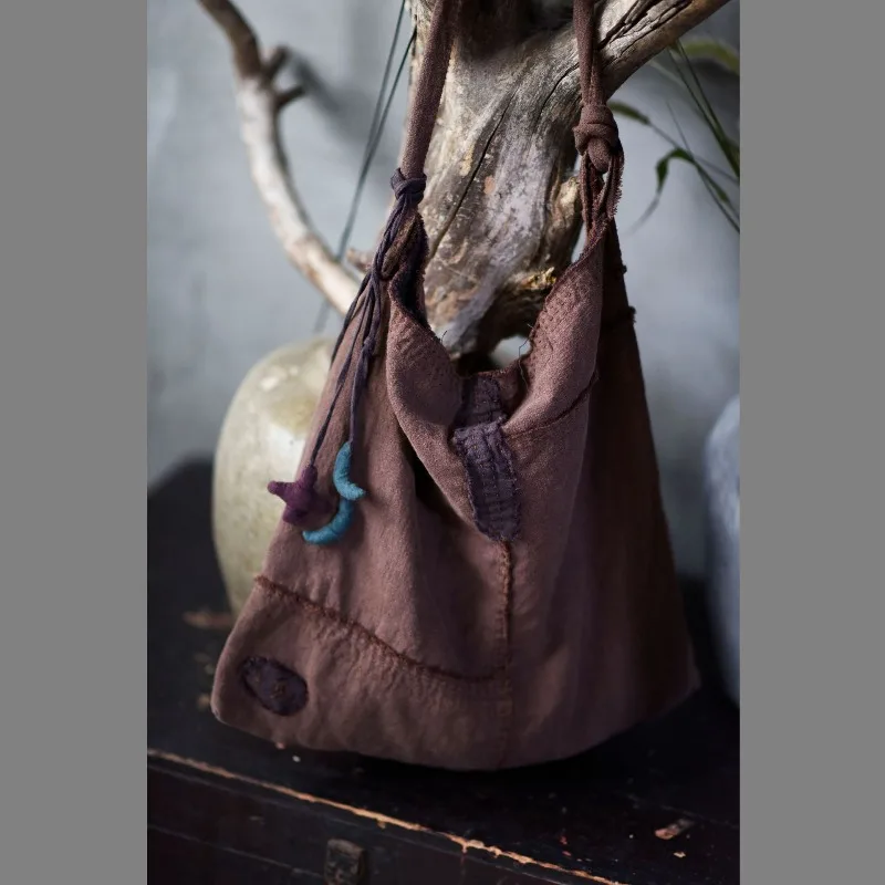 Women Vintage Washed Distressed Linen Crossbody Bag Patchwork with Visible Stitching Hand Appliqué Embroidery Shoulder Handbag